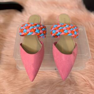 Pink and blues strap mules in size 8.5